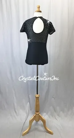 Black Cap Sleeve Leotard with Sheer Diamond Pattern Neckline - Rhinestones