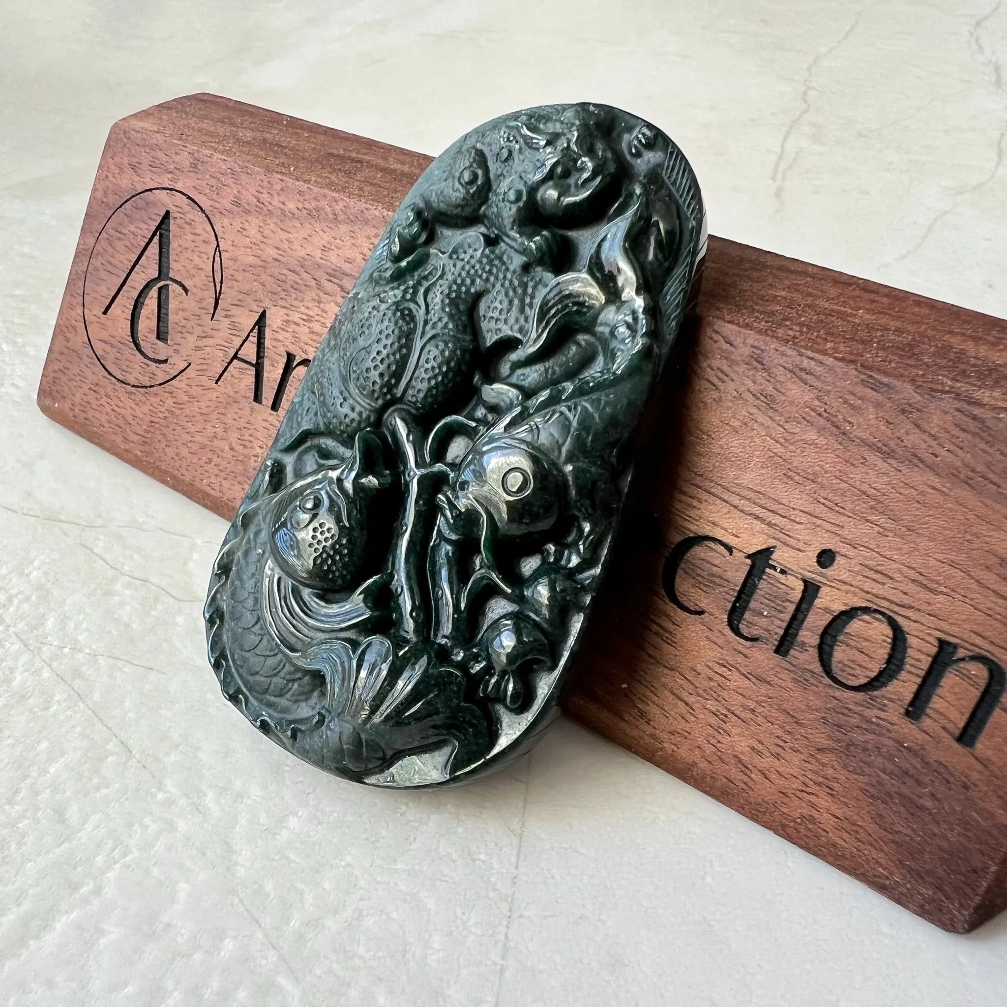 Black Jadeite Jade Twin Fish, Omphacite Jade, Pisces Zodiac Horoscope Necklace, Hand Carved Pendant Necklace, LGG-0322-1667010045-1
