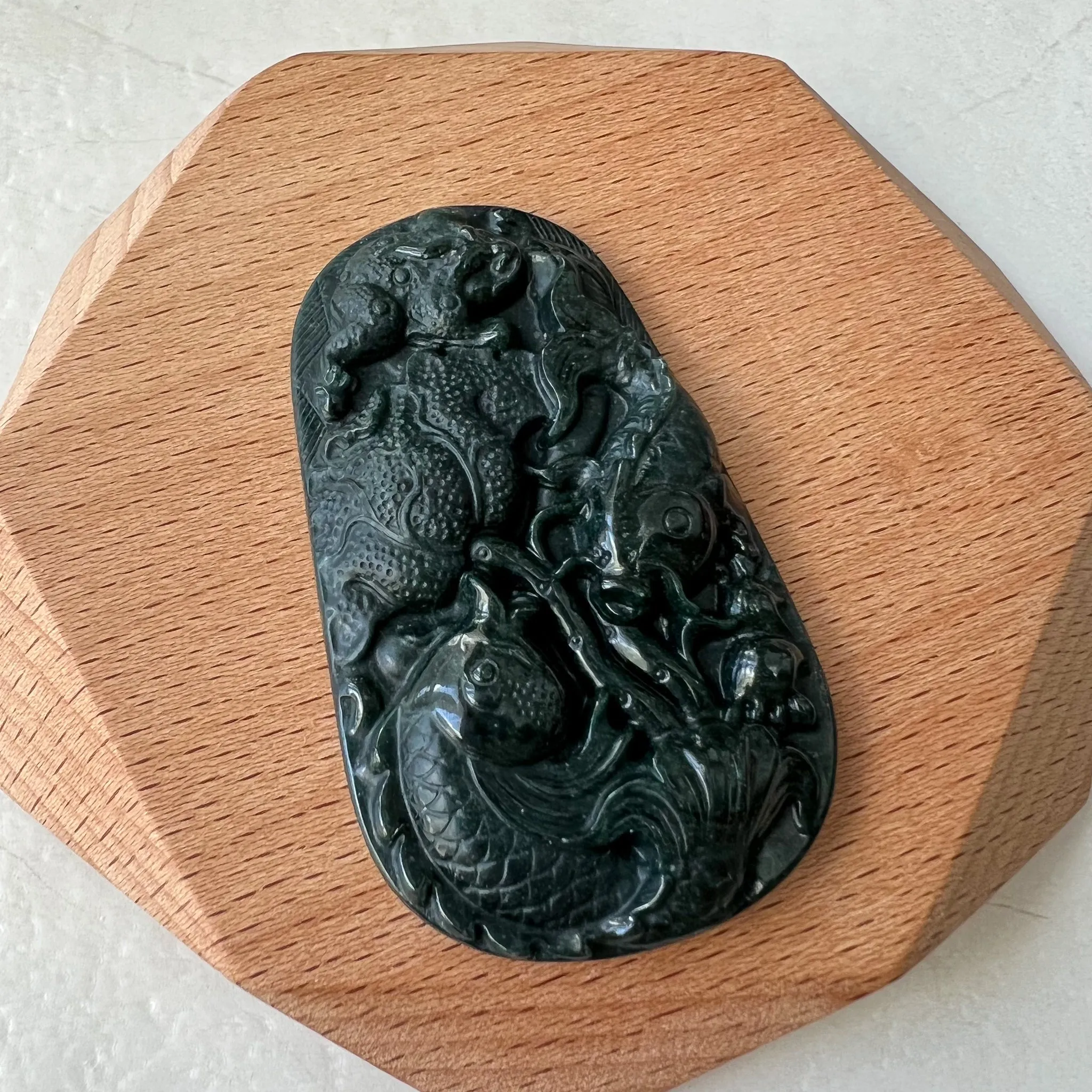 Black Jadeite Jade Twin Fish, Omphacite Jade, Pisces Zodiac Horoscope Necklace, Hand Carved Pendant Necklace, LGG-0322-1667010045-1