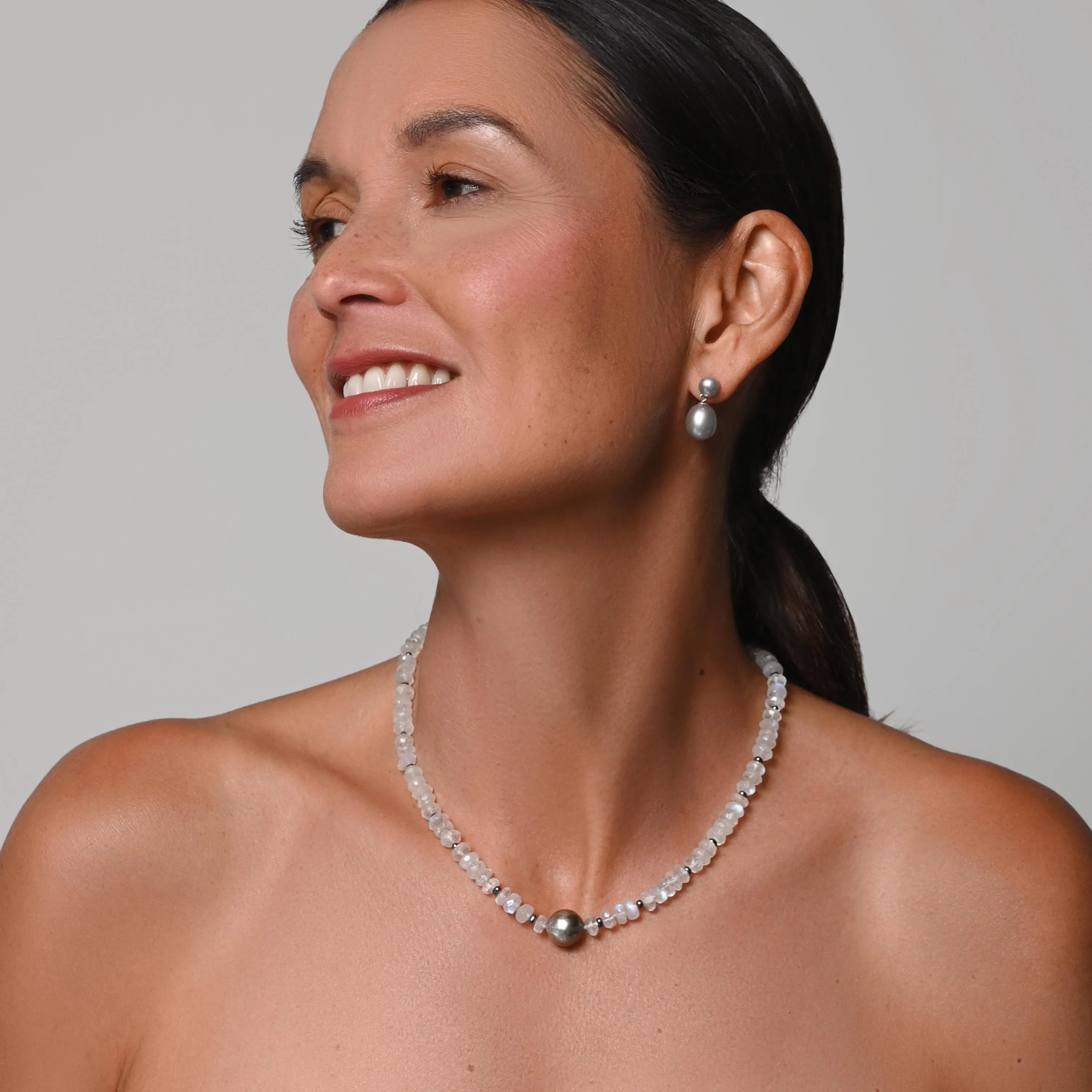Black Tahitian Pearl & Rainbow Moonstone 'Tsarina' Choker