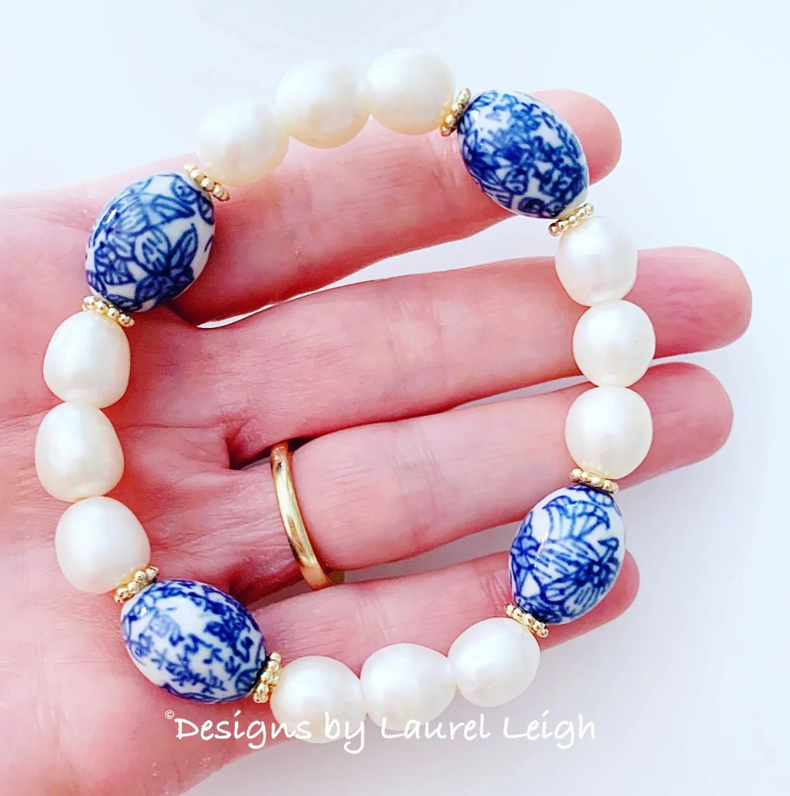 Blue & White Chinoiserie Freshwater Pearl Bracelet