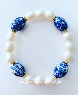 Blue & White Chinoiserie Freshwater Pearl Bracelet