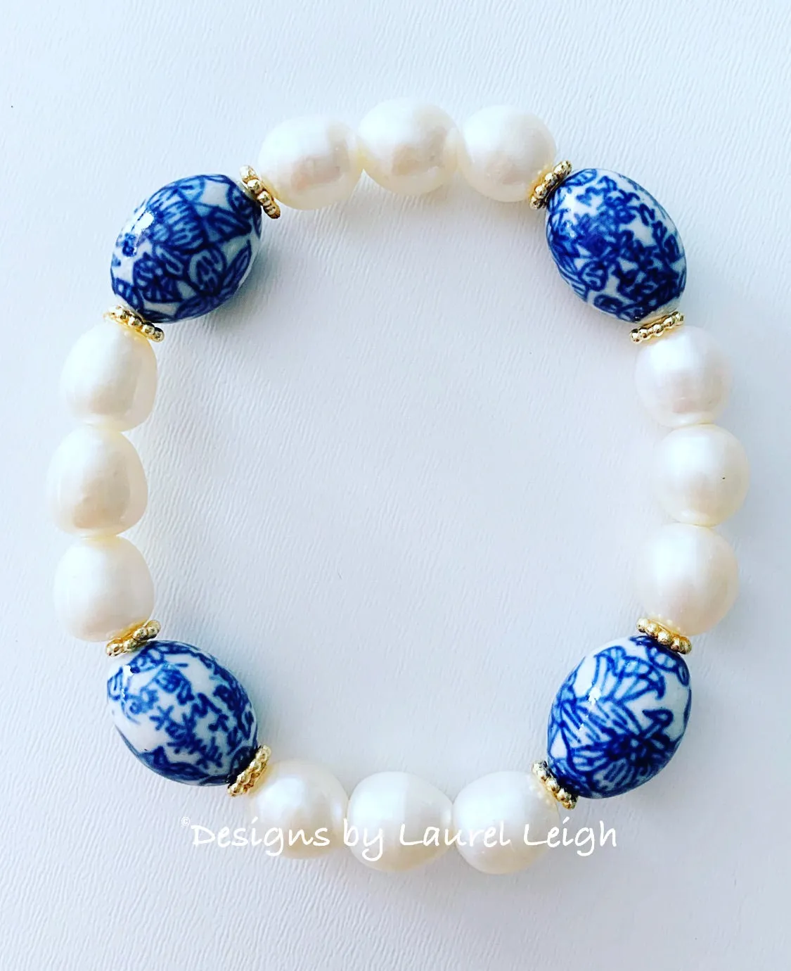 Blue & White Chinoiserie Freshwater Pearl Bracelet