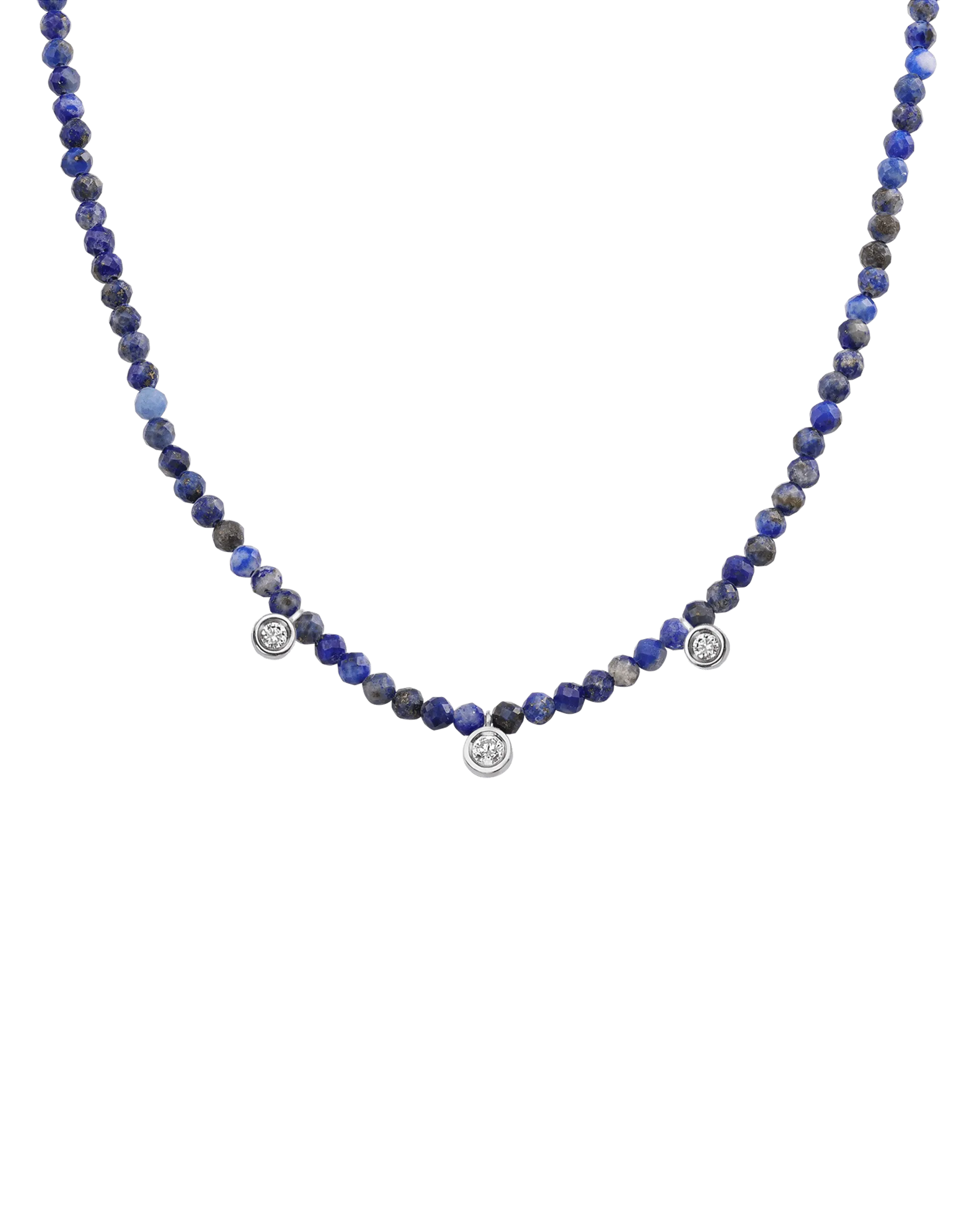 Blue Lapis Gemstone & Three diamonds Necklace - 14K White Gold