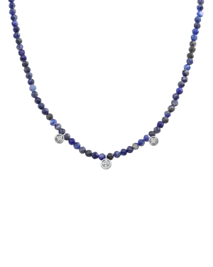 Blue Lapis Gemstone & Three diamonds Necklace - 14K White Gold