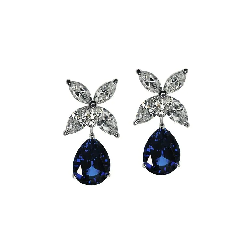 Blue Sapphire And White Zircon Earrings
