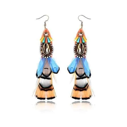 Bohemian 14K Gold Plated Retro Ethnic Feather Pendant Shell Shiny Zircon Earrings for Women