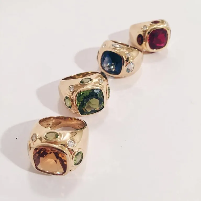 Bonheur Ring, Pink Topaz and Blue Topaz and Diamond Yellow Gold Domed Ring