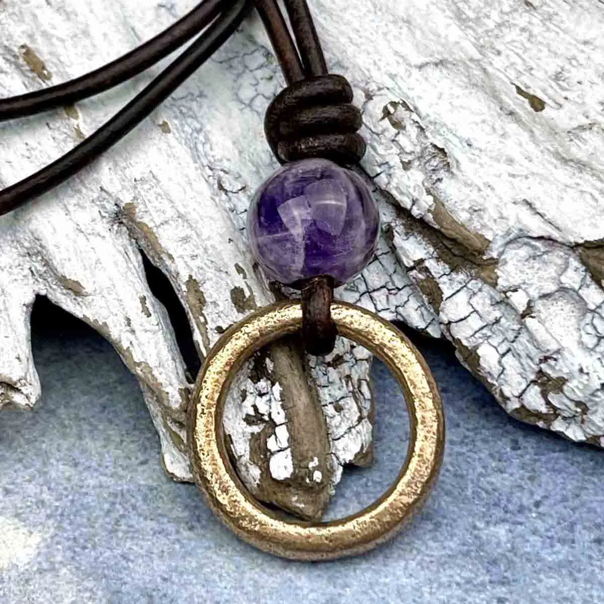 Brightest Light Bronze Celtic Ring Money & Genuine Amethyst Leather Necklace | Artifact #8375