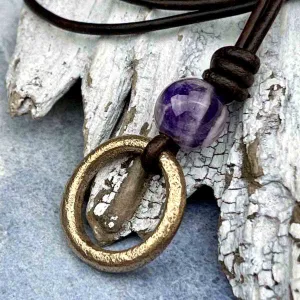 Brightest Light Bronze Celtic Ring Money & Genuine Amethyst Leather Necklace | Artifact #8375