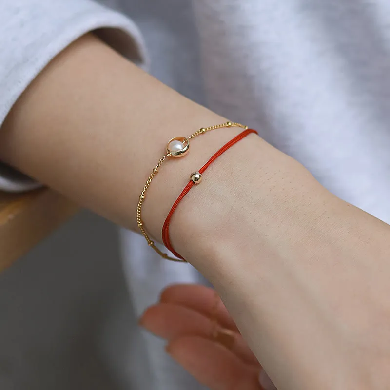 Buddha Stones 14K Gold Plated Pearl Bead Luck Red String Double Layer Bracelet