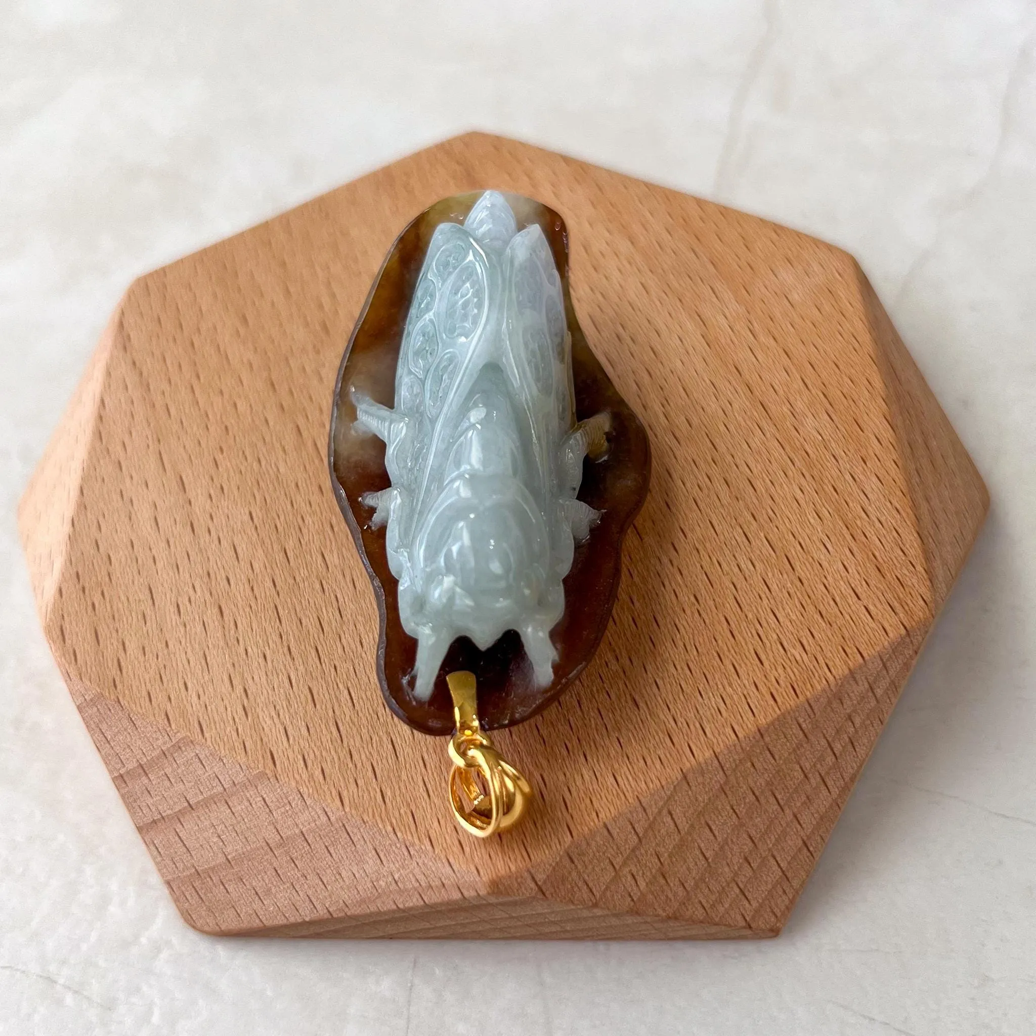 Cicada Autumn Leaf Jade Pendant, Yellow Red Jadeite Jade with 18K Gold Bail, Hand Carved Necklace, INA-0424-1729913291