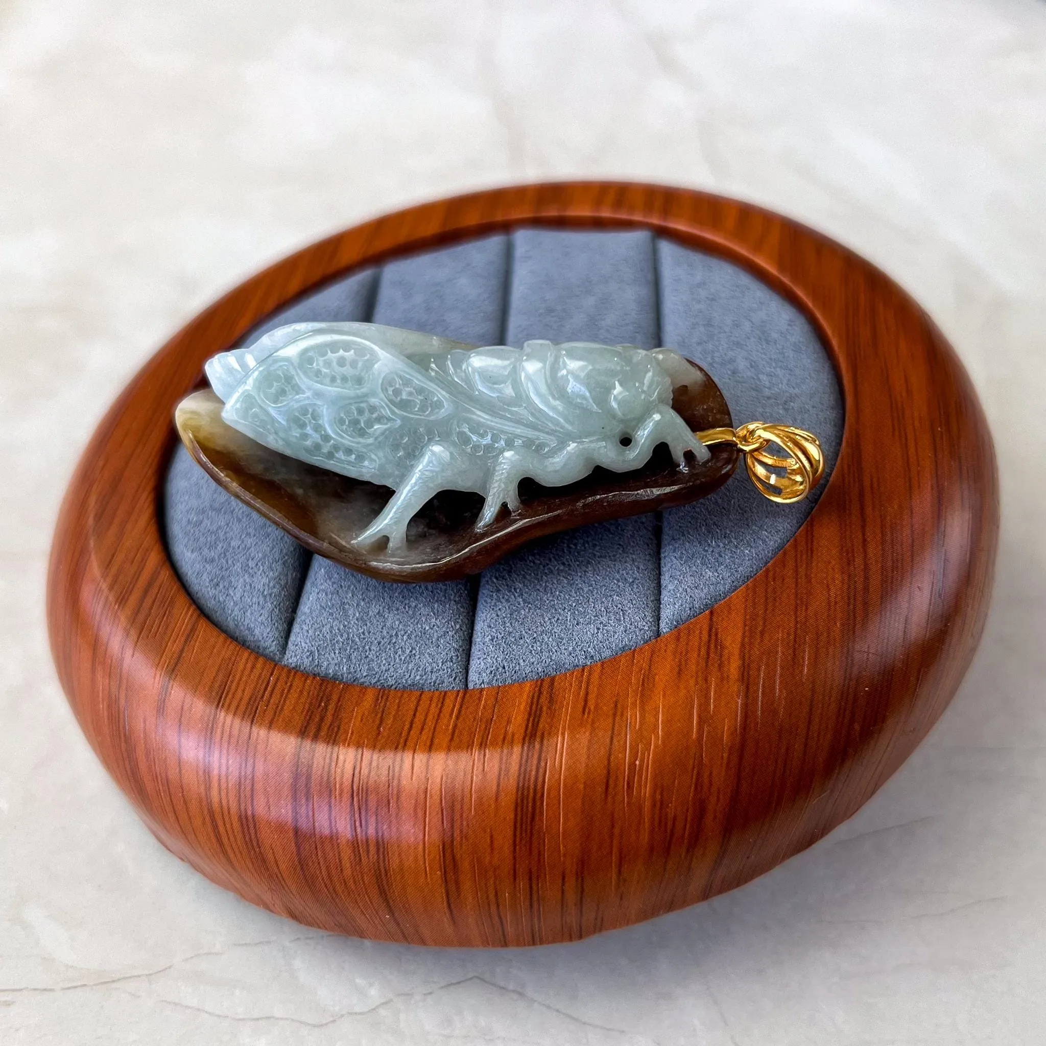 Cicada Autumn Leaf Jade Pendant, Yellow Red Jadeite Jade with 18K Gold Bail, Hand Carved Necklace, INA-0424-1729913291