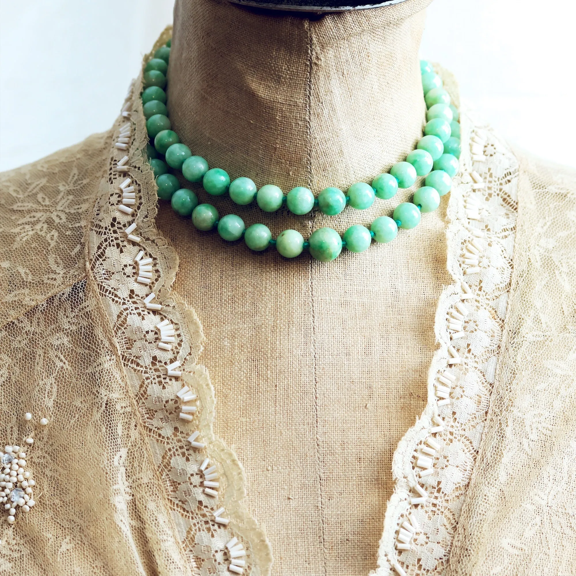 Classic Vintage Elegance Double Row Jade Bead Necklace