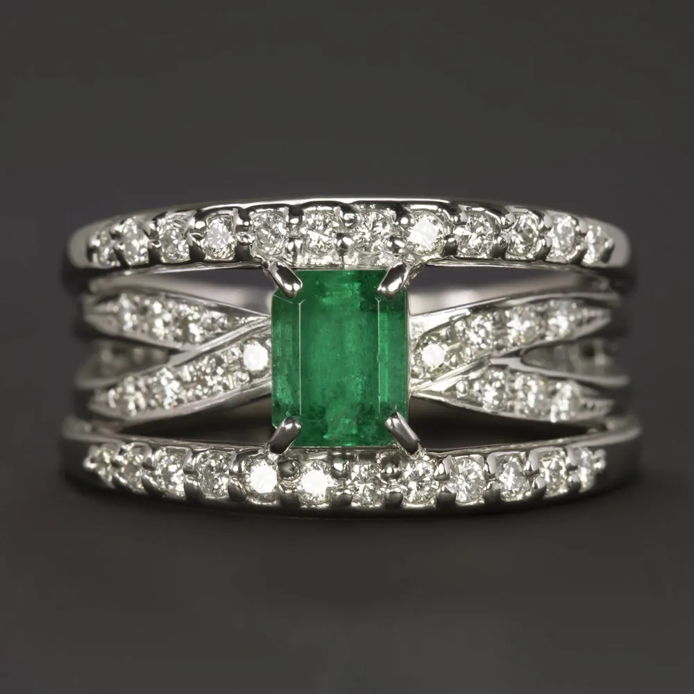 COLOMBIAN EMERALD DIAMOND COCKTAIL RING PLATINUM WIDE BAND CRISS CROSS NATURAL