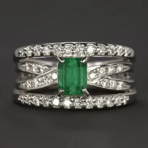COLOMBIAN EMERALD DIAMOND COCKTAIL RING PLATINUM WIDE BAND CRISS CROSS NATURAL