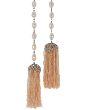Coral Bead and White Pearl Lariat Necklace