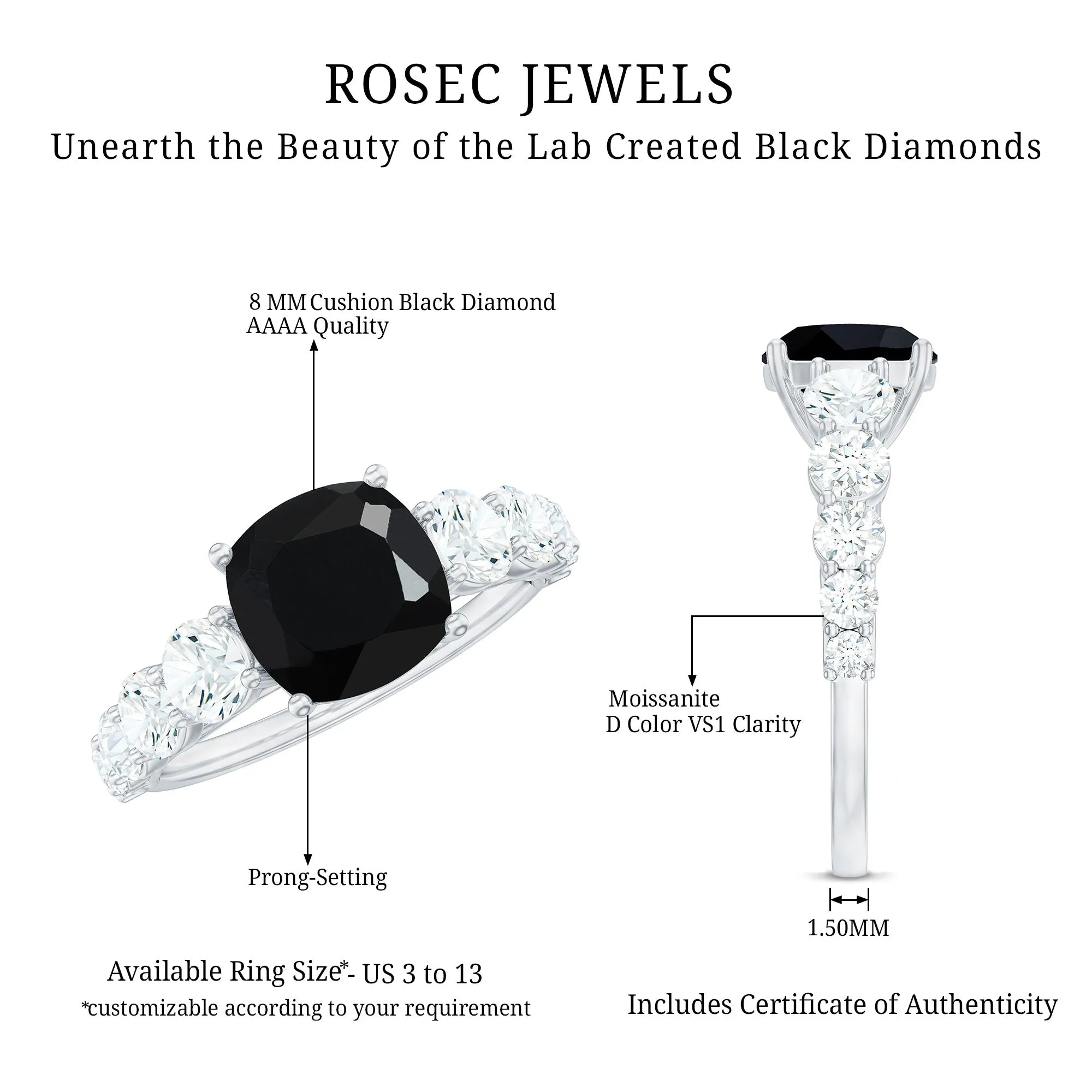 Created Black Diamond Solitaire Engagement Ring with Moissanite Side Stones
