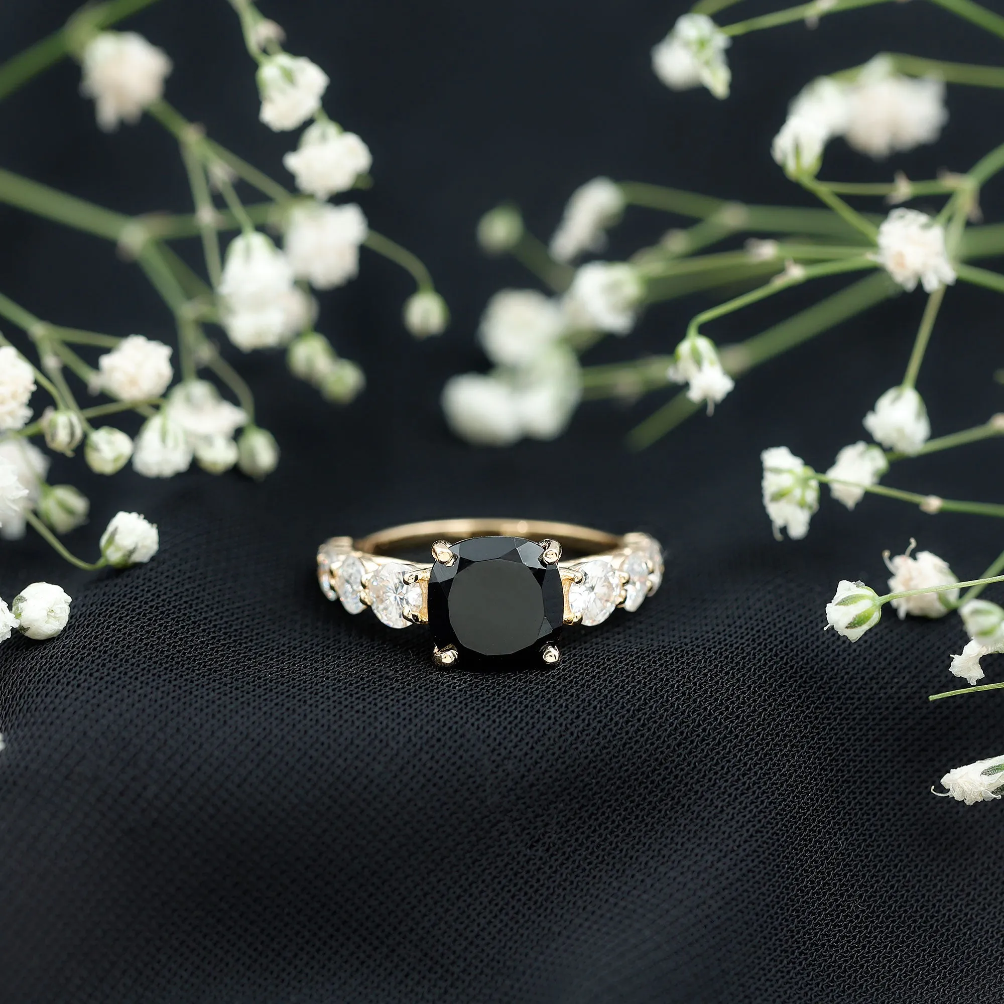 Created Black Diamond Solitaire Engagement Ring with Moissanite Side Stones