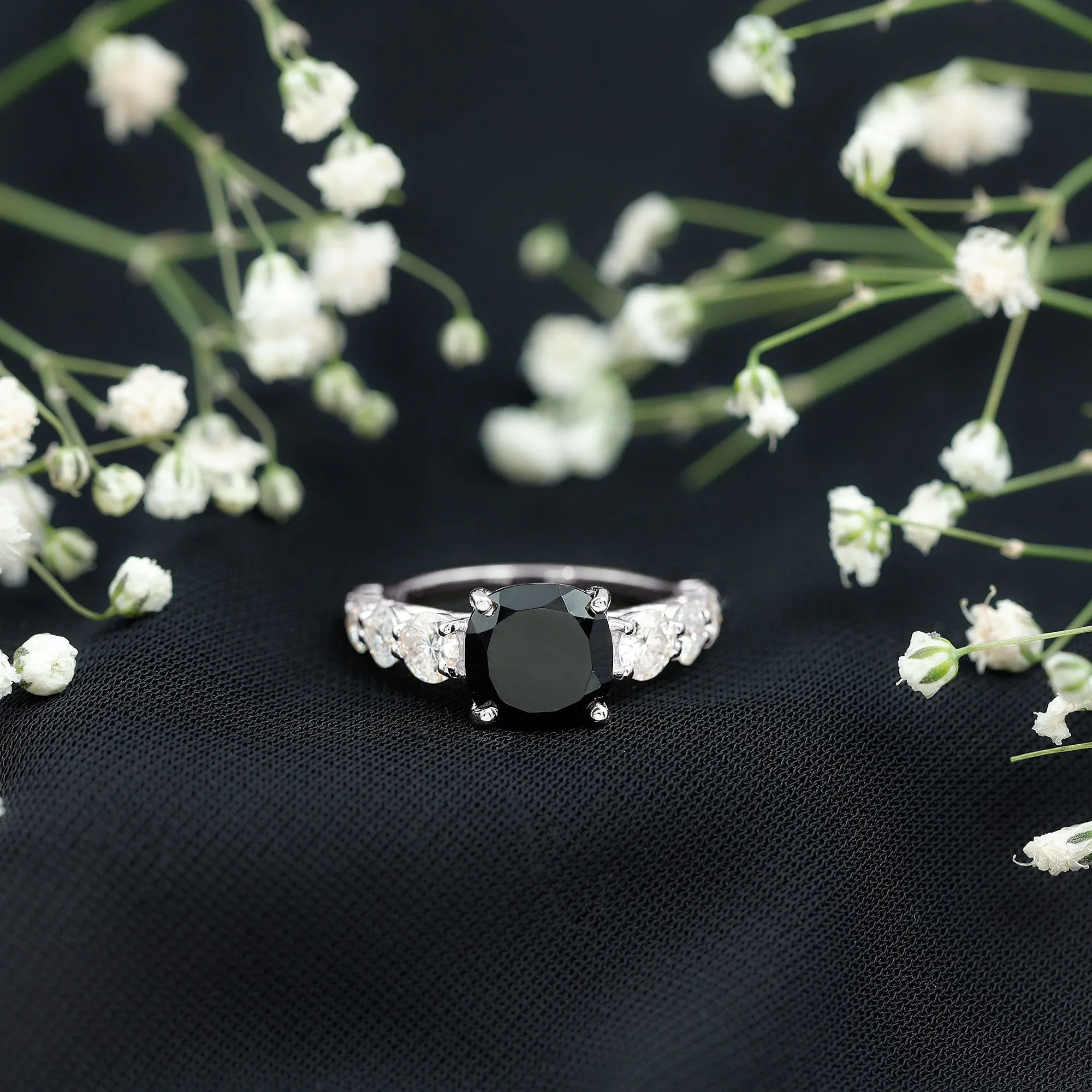 Created Black Diamond Solitaire Engagement Ring with Moissanite Side Stones