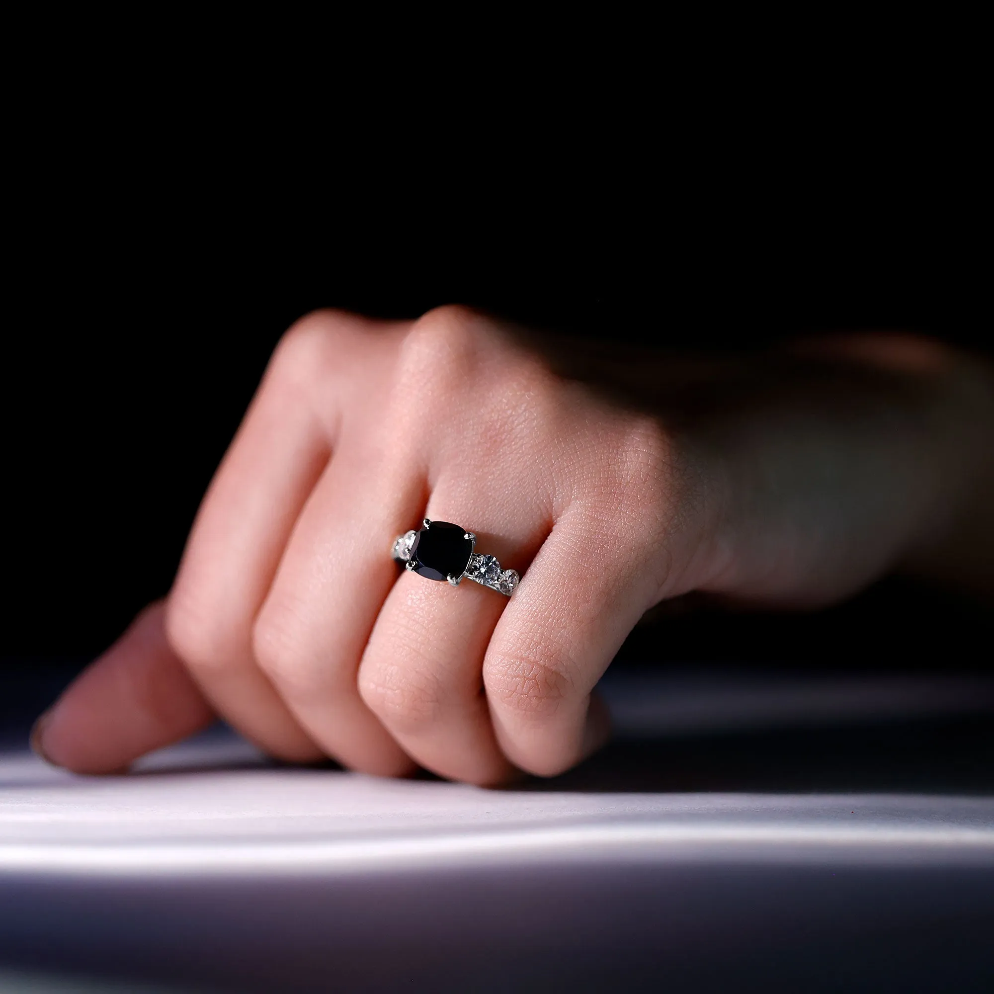 Created Black Diamond Solitaire Engagement Ring with Moissanite Side Stones