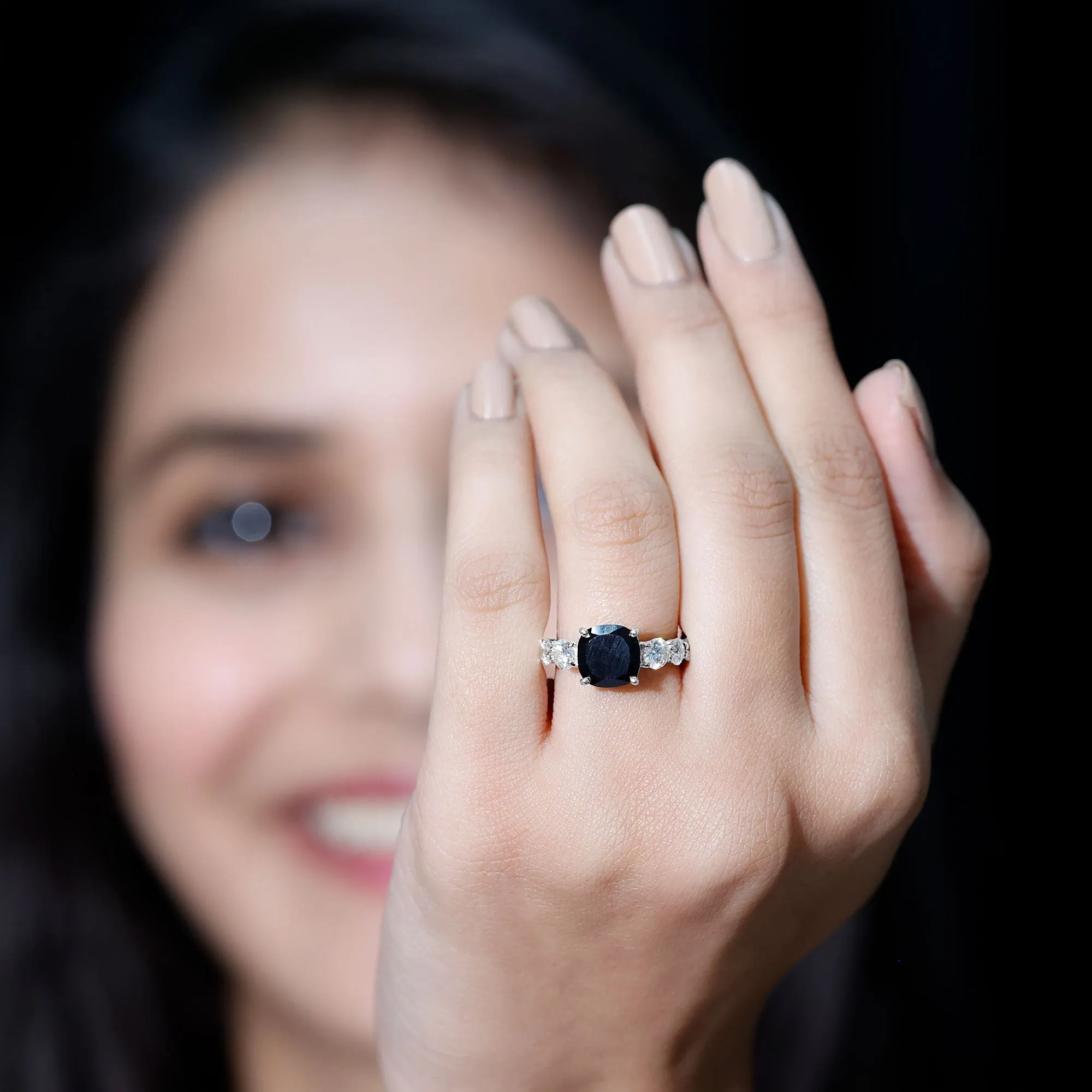 Created Black Diamond Solitaire Engagement Ring with Moissanite Side Stones