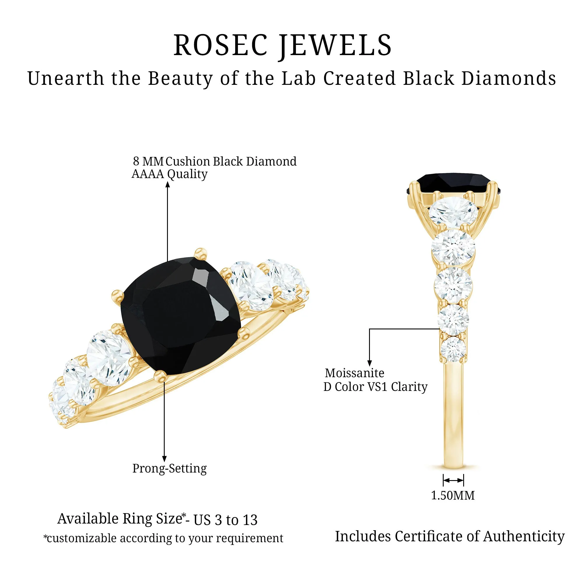 Created Black Diamond Solitaire Engagement Ring with Moissanite Side Stones