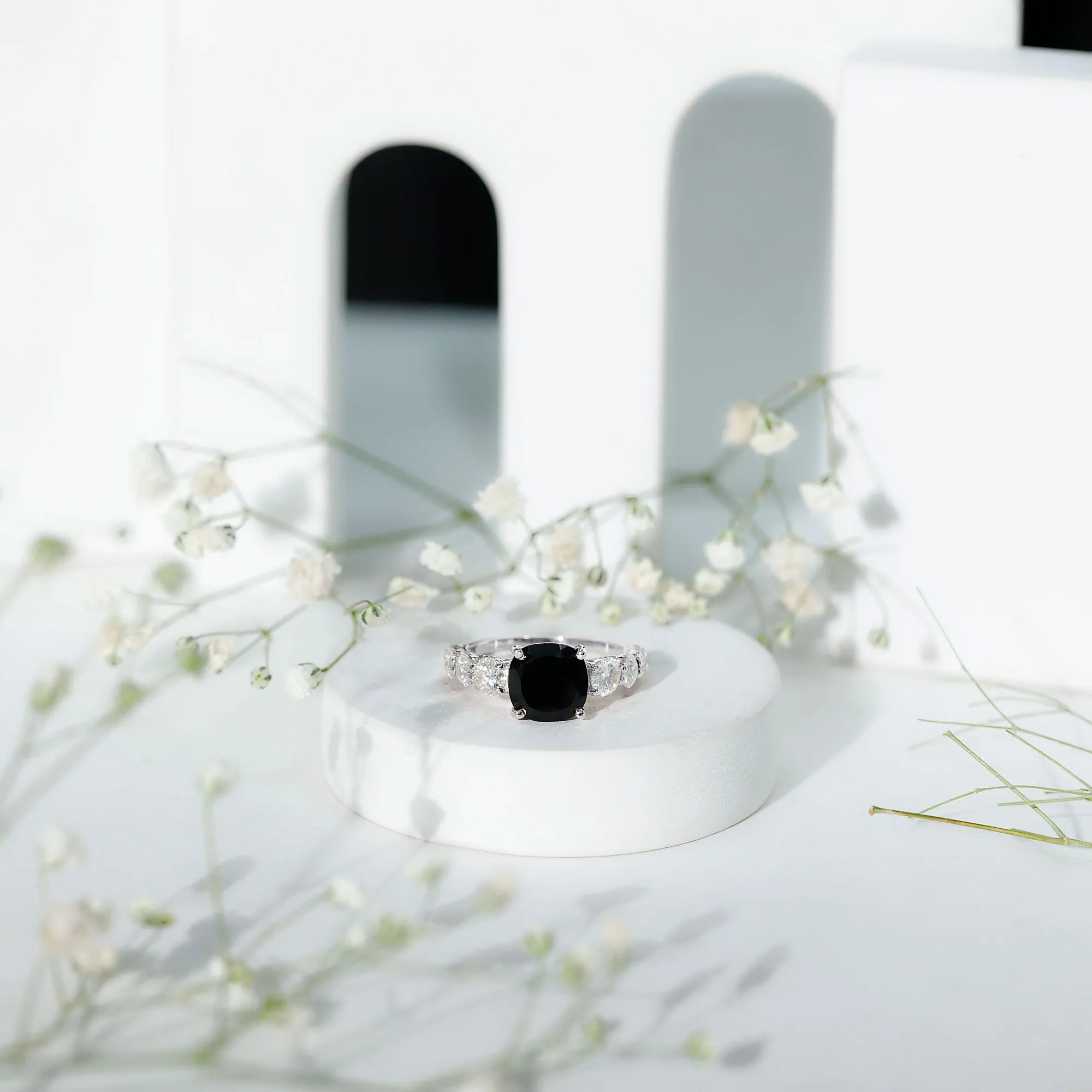 Created Black Diamond Solitaire Engagement Ring with Moissanite Side Stones