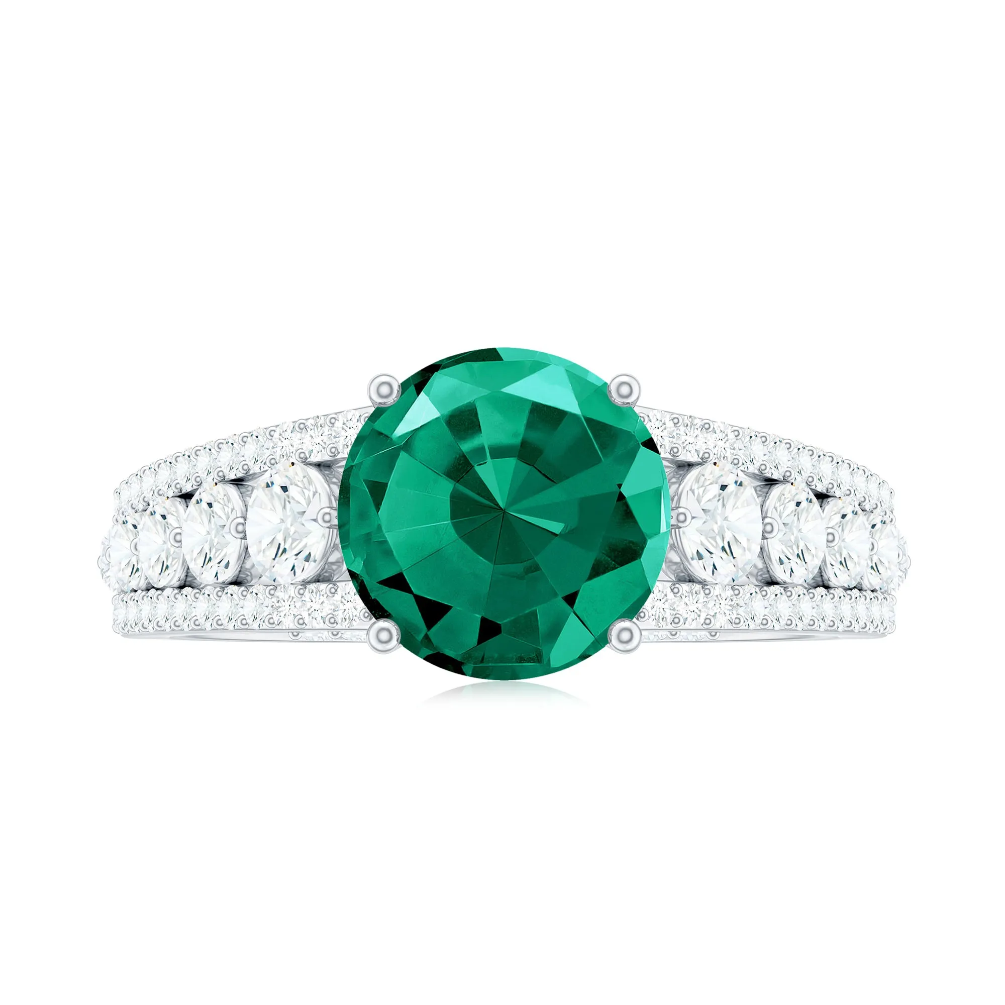 Created Emerald Engagement Ring with Moissanite Side Stones