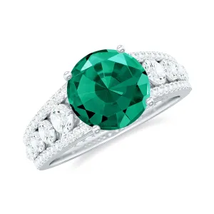 Created Emerald Engagement Ring with Moissanite Side Stones