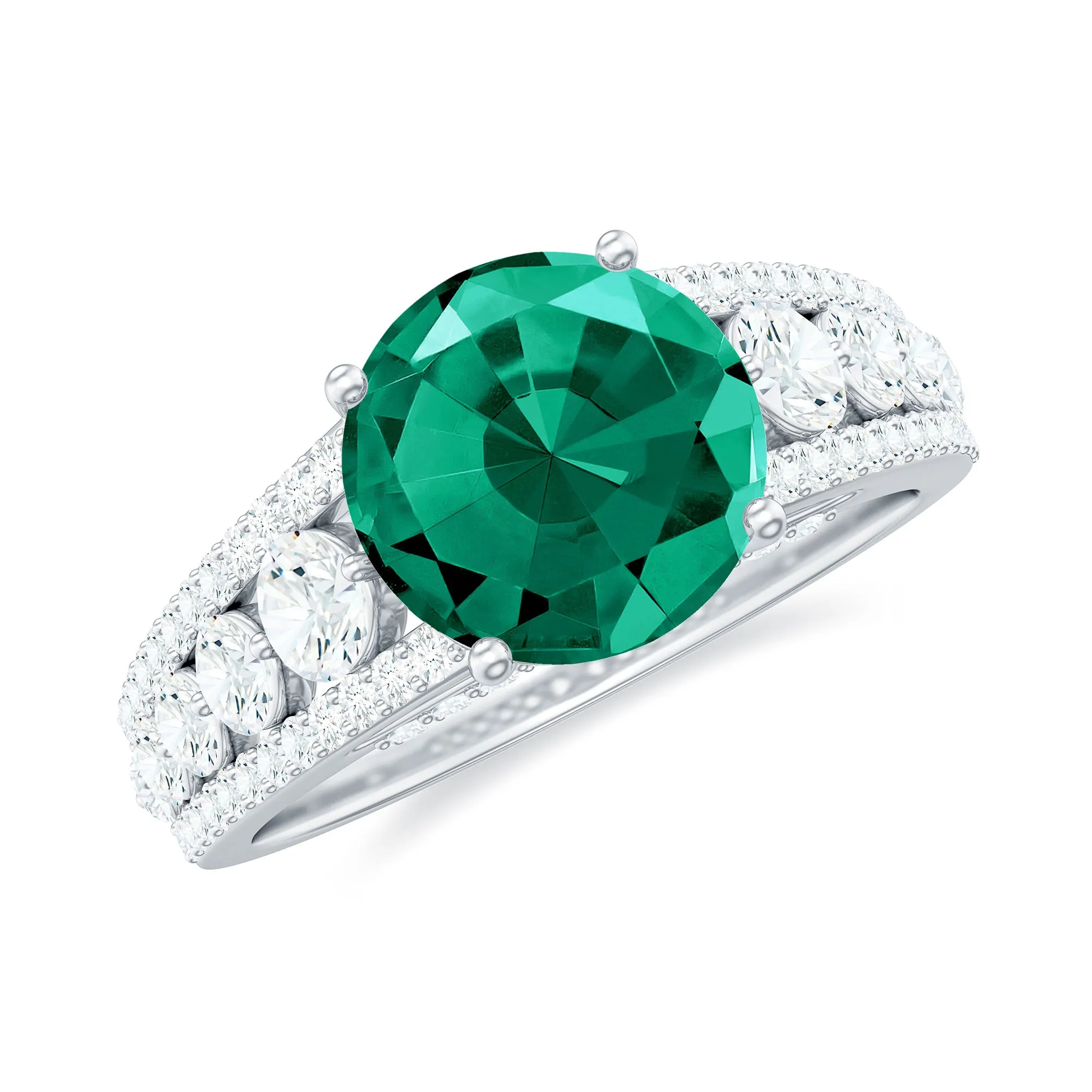 Created Emerald Engagement Ring with Moissanite Side Stones