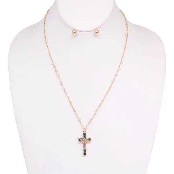 Cross Rhinestone Necklace Earring Set