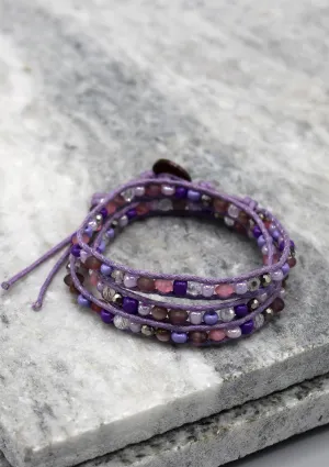 Crystal and Glass Beaded Purple Three Wraps Bracelet