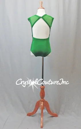 Custom Kelly Green Lycra & Sheer Mesh Leotard - Appliques & Swarovski Rhinestones