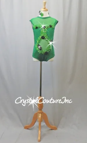 Custom Kelly Green Lycra & Sheer Mesh Leotard - Appliques & Swarovski Rhinestones