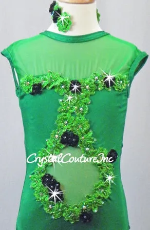 Custom Kelly Green Lycra & Sheer Mesh Leotard - Appliques & Swarovski Rhinestones
