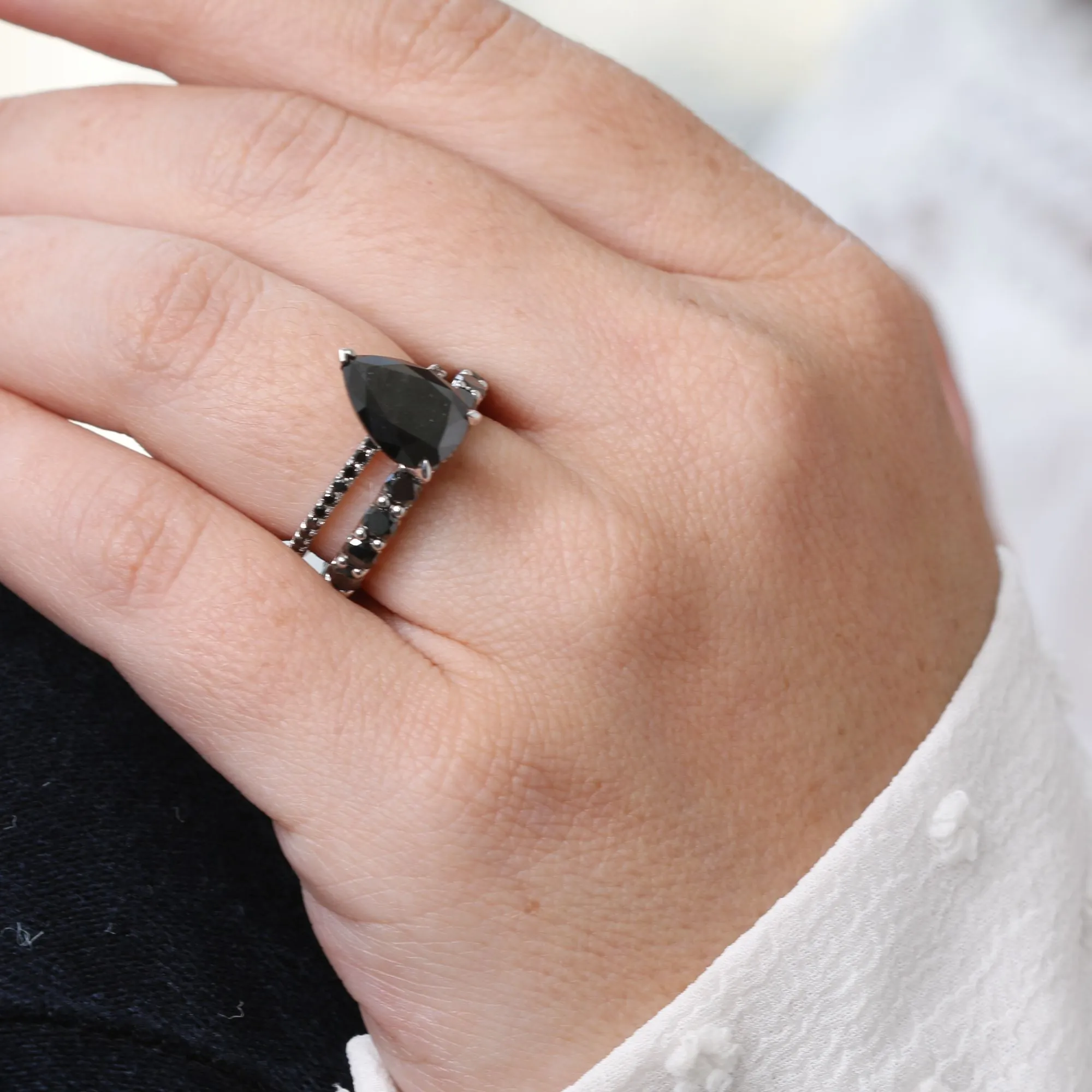 Dark Forest Alternative Natural Black Diamond Pear Cut Engagement Ring