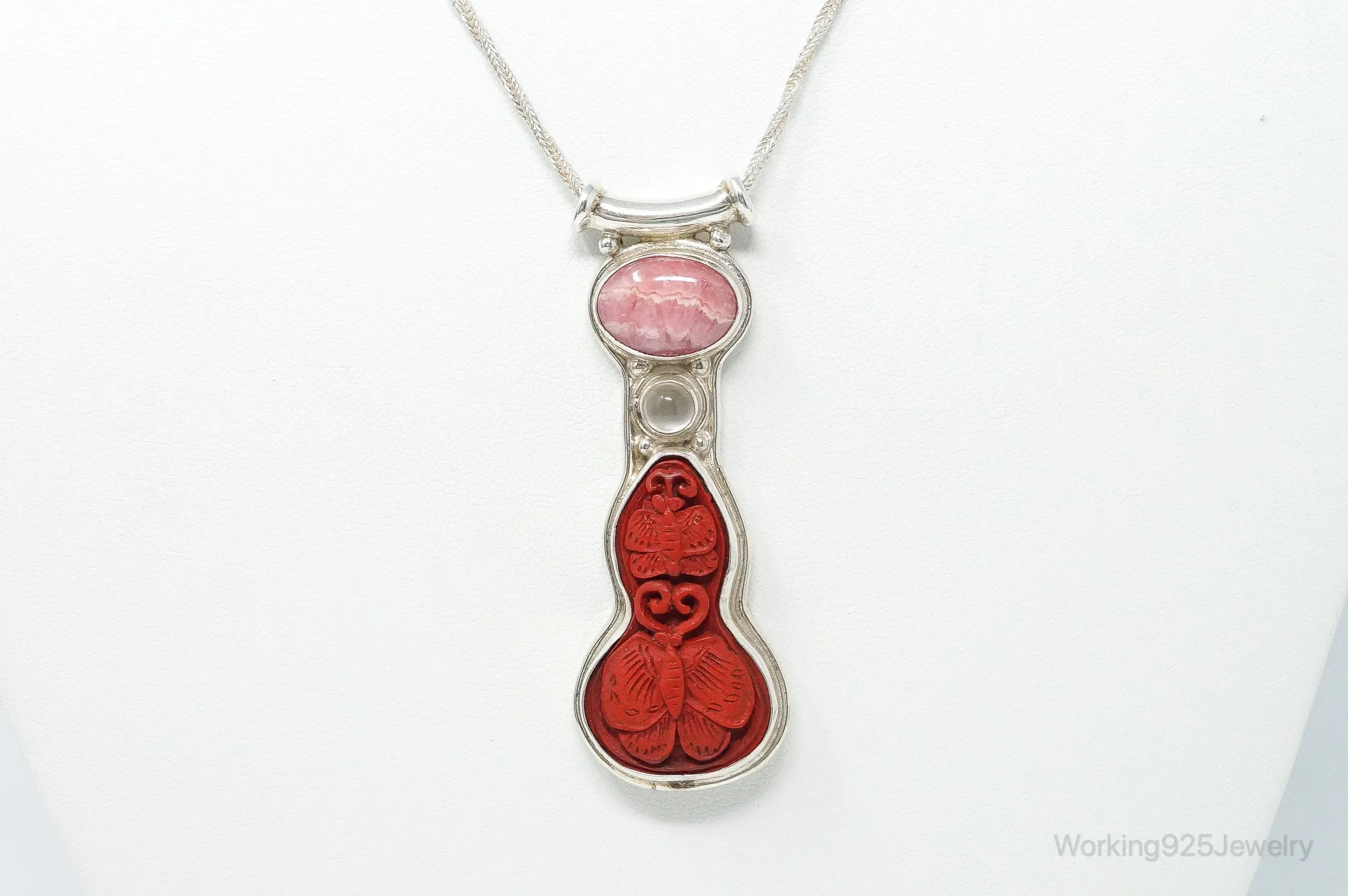 Designer SAJEN Cinnabar Rhodocrosite White Moonstone Sterling Silver Necklace