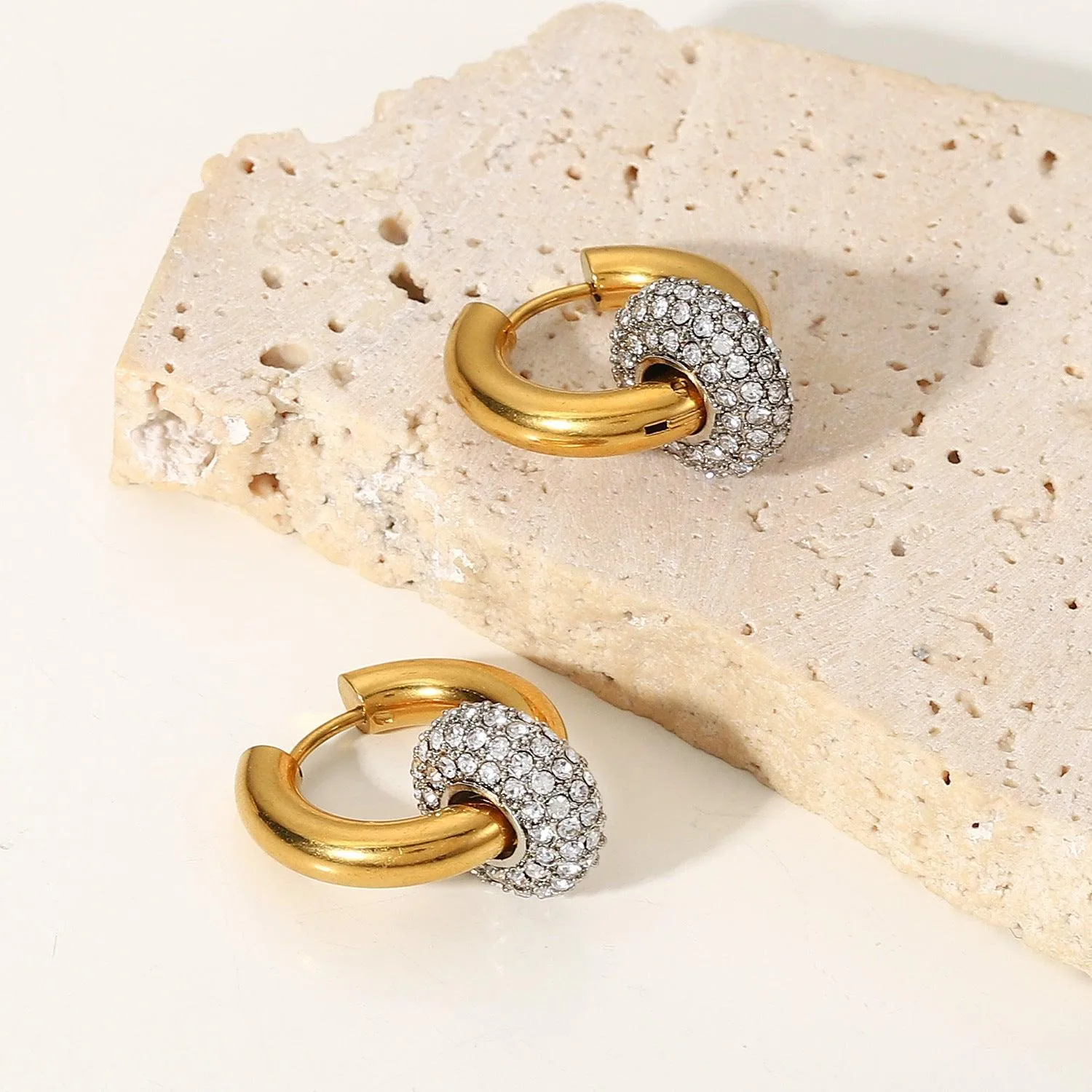 E10.Zircon Hoop Drop Earrings 18K Gold Earrings