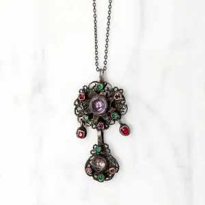 Early 1800s Gem Set Silver Filigree Austro-Hungarian Pendant