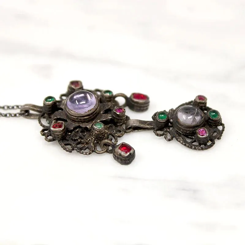 Early 1800s Gem Set Silver Filigree Austro-Hungarian Pendant