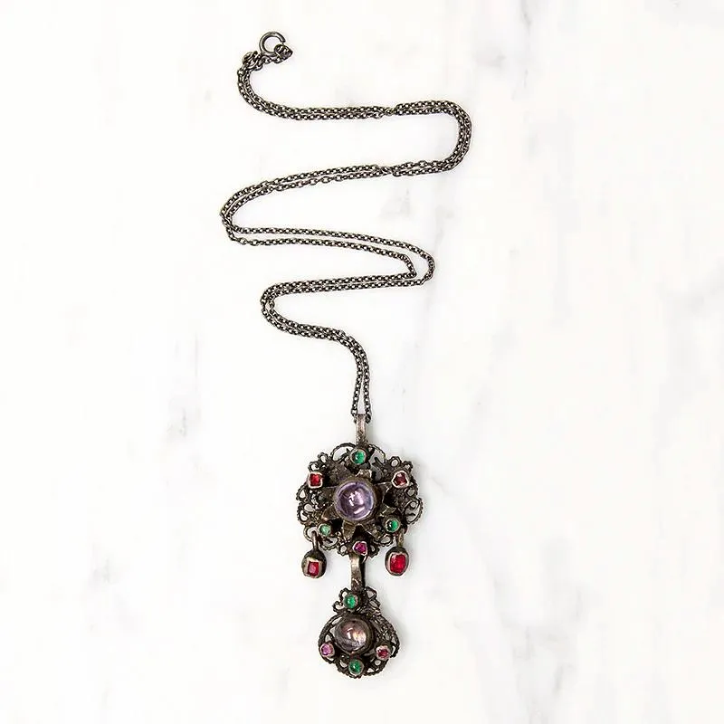 Early 1800s Gem Set Silver Filigree Austro-Hungarian Pendant