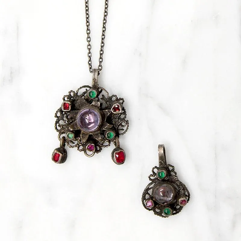 Early 1800s Gem Set Silver Filigree Austro-Hungarian Pendant