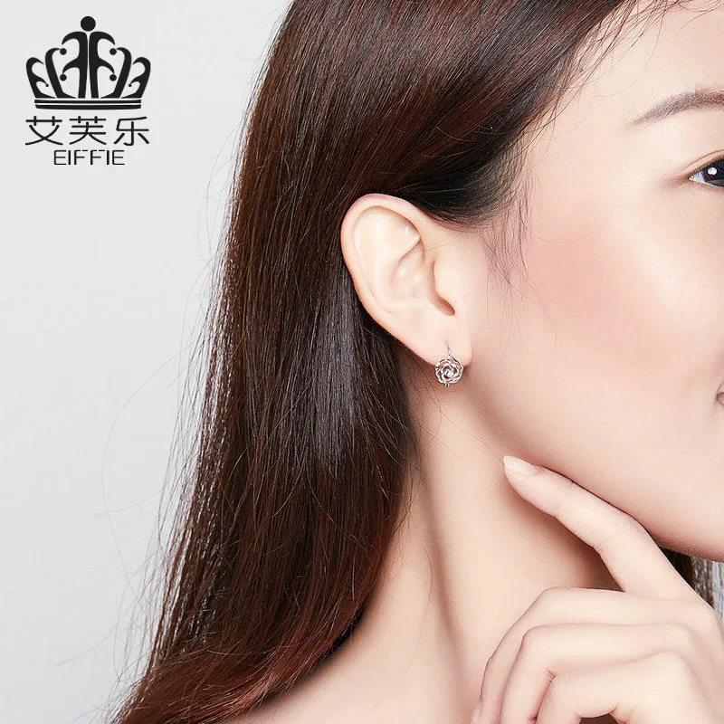 Earrings Rose Sterling Silver White Gold Plated S925 Earrings