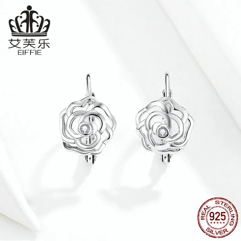 Earrings Rose Sterling Silver White Gold Plated S925 Earrings