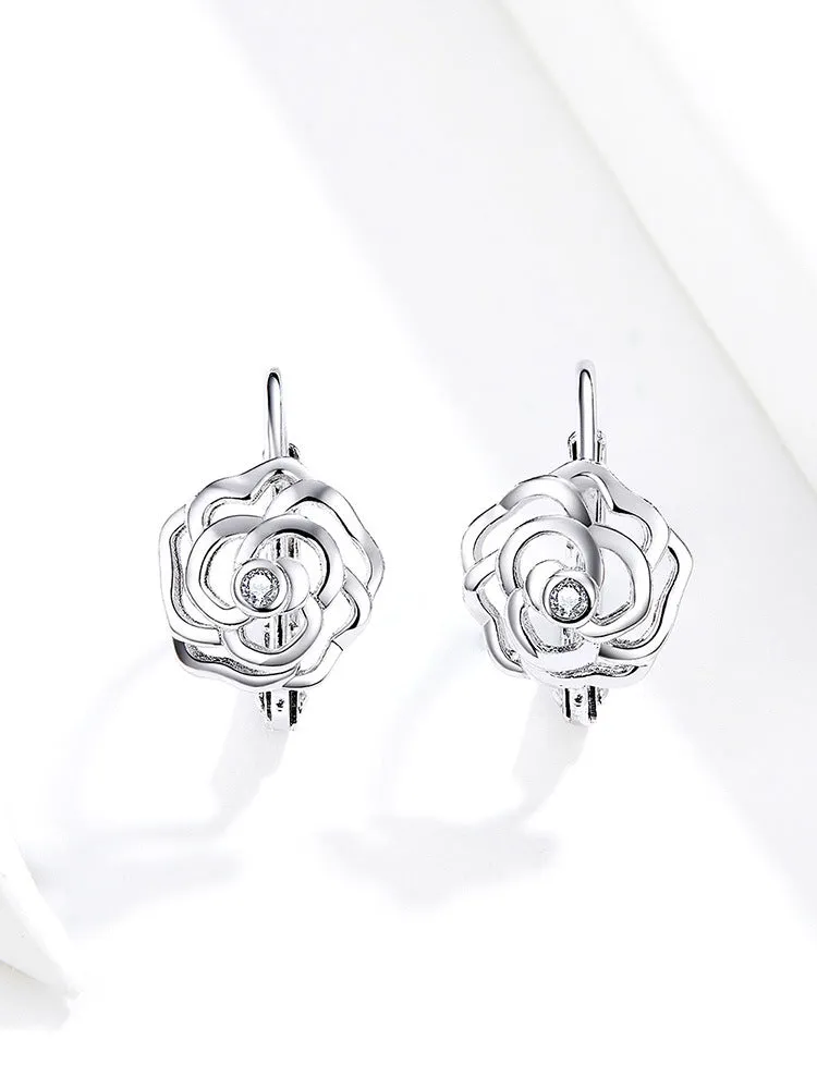 Earrings Rose Sterling Silver White Gold Plated S925 Earrings