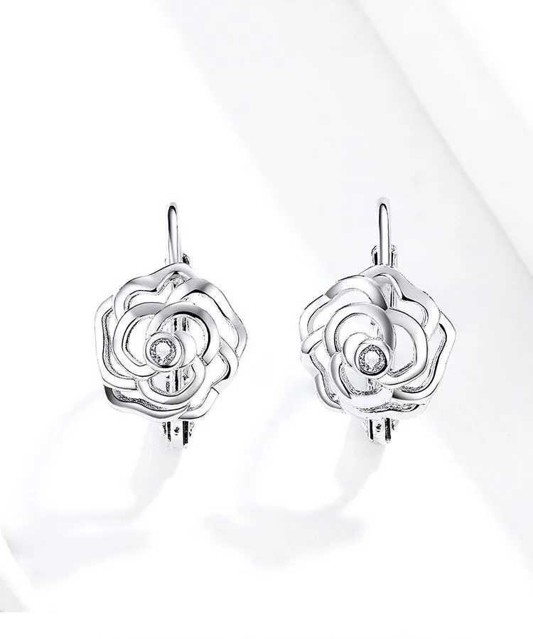 Earrings Rose Sterling Silver White Gold Plated S925 Earrings