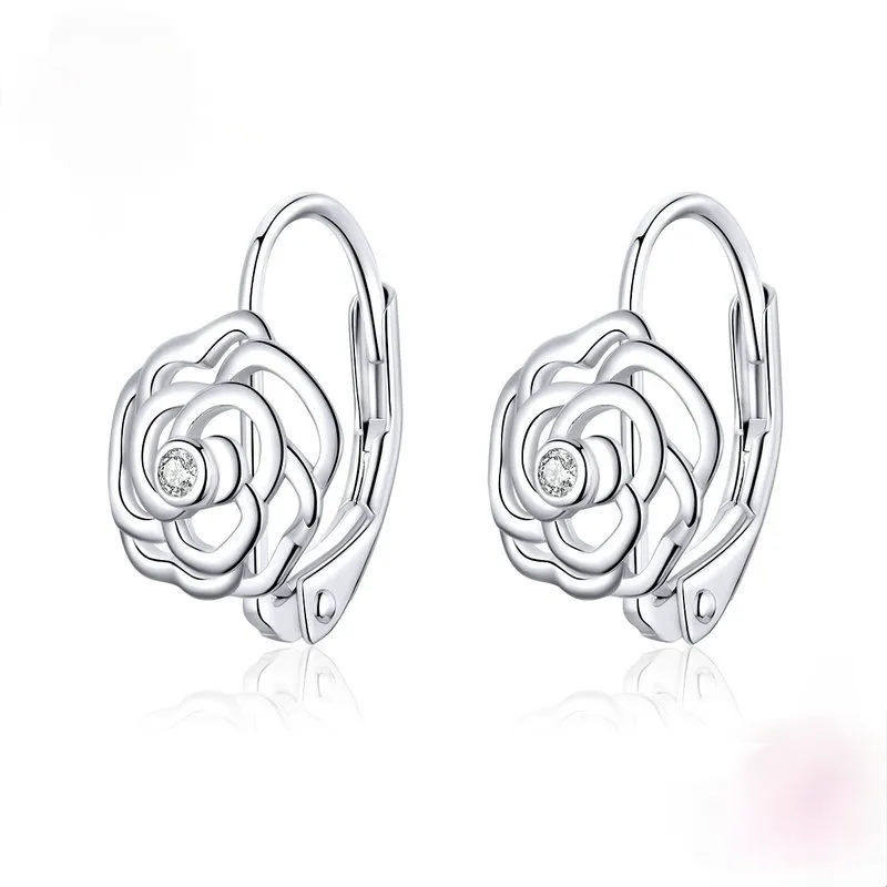 Earrings Rose Sterling Silver White Gold Plated S925 Earrings