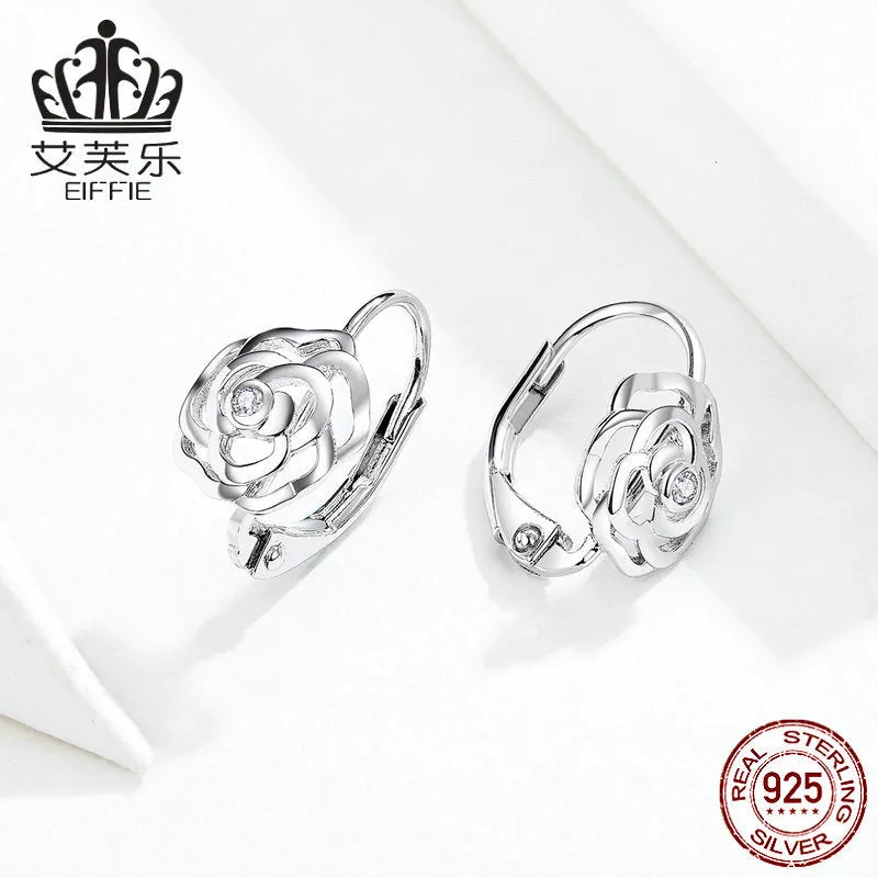Earrings Rose Sterling Silver White Gold Plated S925 Earrings