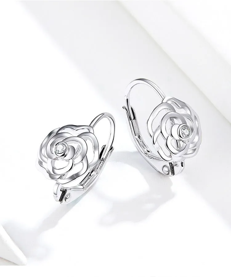 Earrings Rose Sterling Silver White Gold Plated S925 Earrings